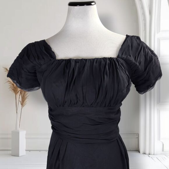 Vintage 50s Silk Midi Cocktail Dress Size 4 Black Ruched Empire Waist Bombshell - Picture 2 of 16